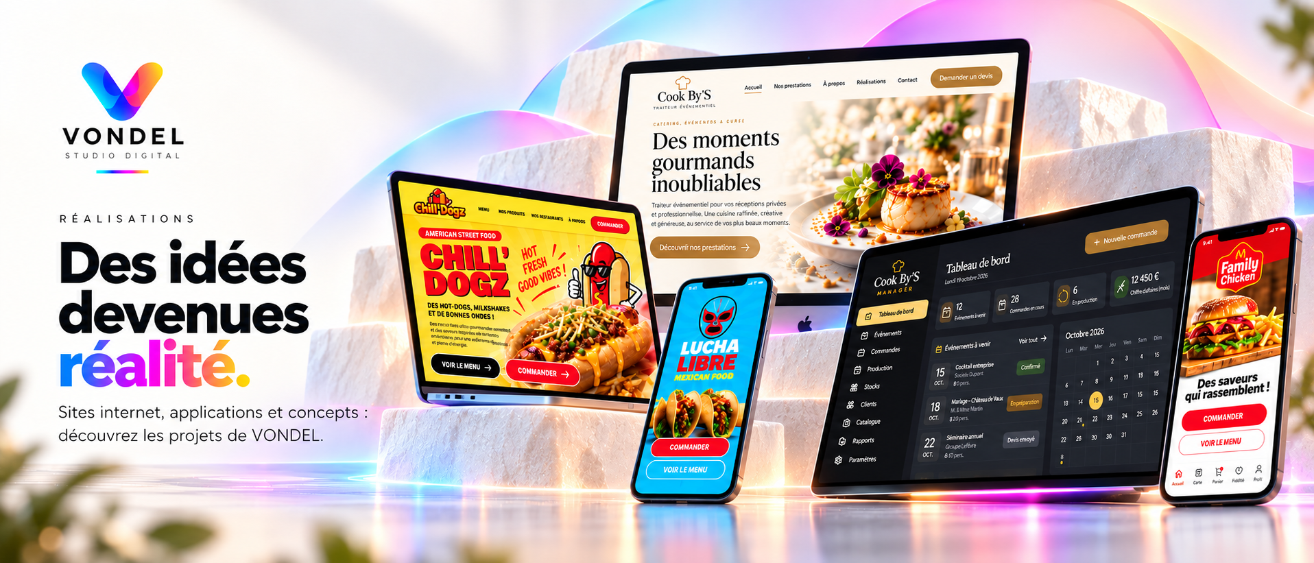 Réalisations VONDEL : Des idées devenues réalité — Cook By’S, Chill’Dogz, Cook By’S Manager, Family Chicken et Lucha Libre